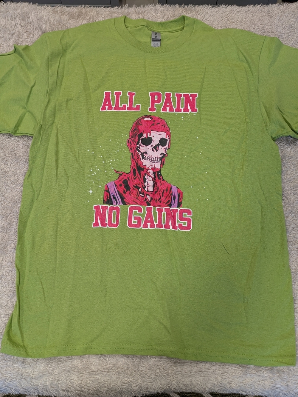 Graphic Tee "All Pain No Gains" Zombie in Lime Green And Neon Pink Sz L